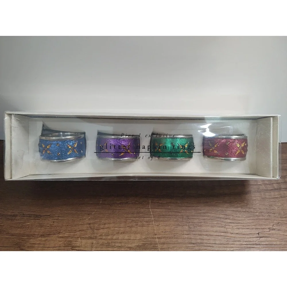 Pier 1 Napkin Rings India Multicolor Glitter Metal Floral Jeweled Set of 4 V1